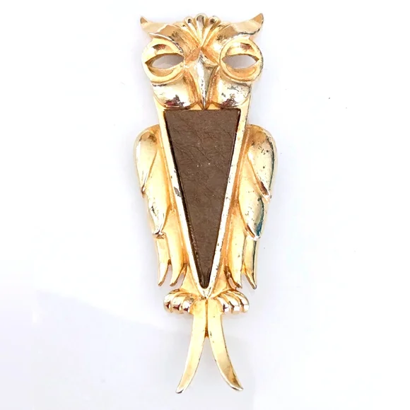 Vintage Goldtone Owl Brooch Leather Accent - Picture 2 of 9